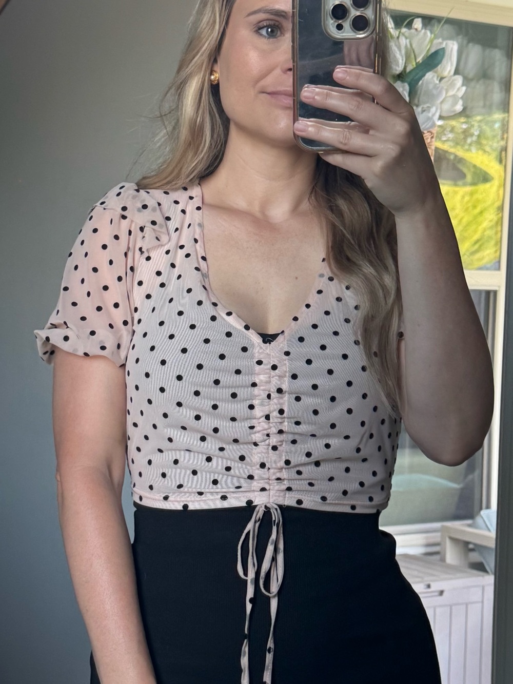 LE LIS Polka Dot Sheer Puff Sleeve Top - Peachy Tone Cream and Black - Picture 11 of 14